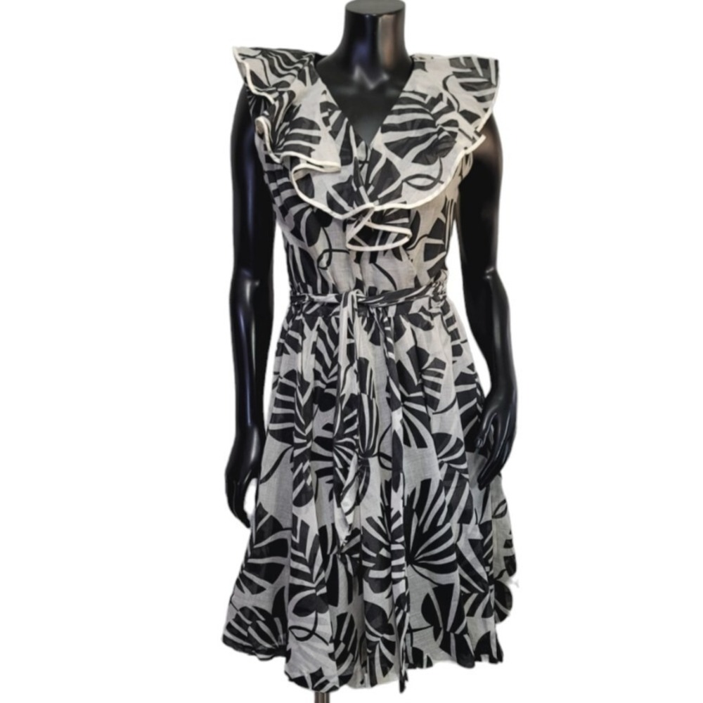 Vintage 60s Jan Sue of California Black White Palm Leaf Ruffle Fit Flare Dress